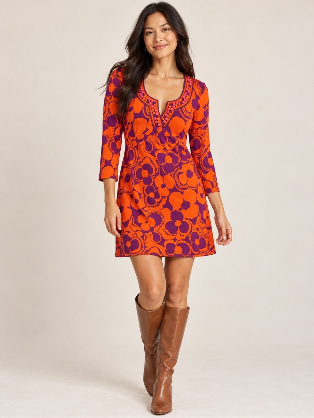 ❤️ BODEN RETRO FLORAL MINI JERSEY DRESS WITH EMBELLISHED NECKLINE, 4